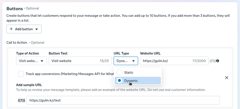 waba dynamic url in button